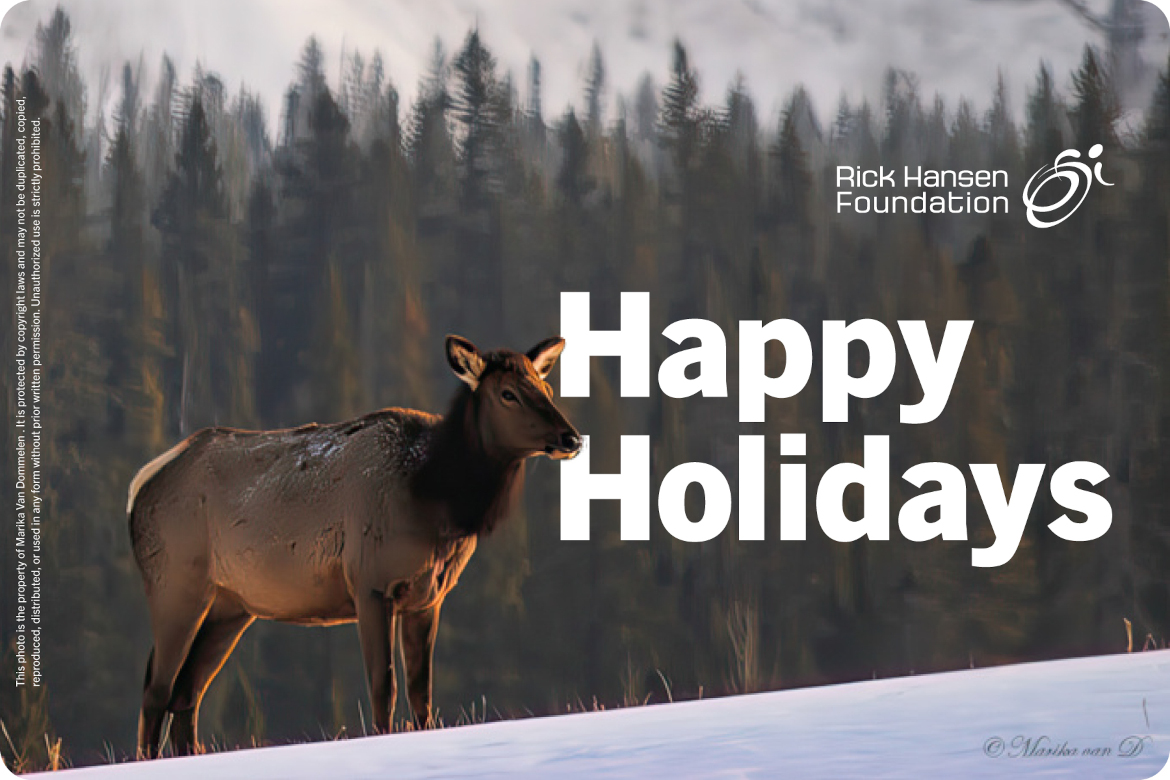 Rick Hansen Foundation holiday eCard featuring an elk in a winter forest scene with 'Happy Holidays' message