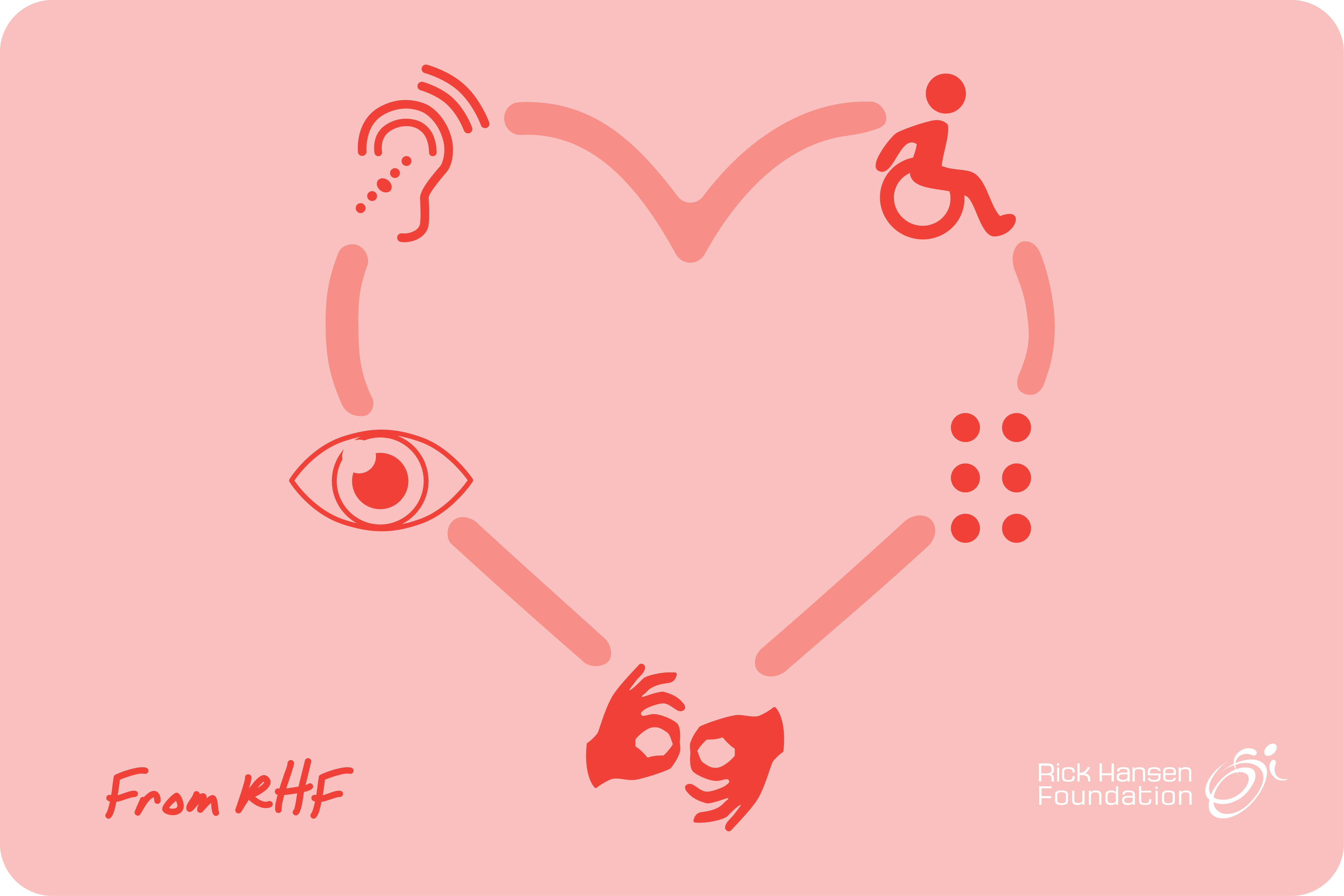 A digital Valentine’s Day card with a pink background featuring small red hearts scattered across it. The bold red text in the center reads, “Happy Valentine’s Day,” and below it, in a handwritten-style font, it says, “From RHF.” In the top center, the Rick Hansen Foundation logo is displayed in white.